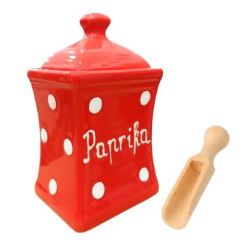 Kerámia fűszertartó pöttyös 12x7x5,5cm fűszerkanállal